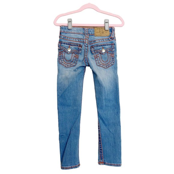 True Religion | Girl's Light Wash Orange Stitch Big T Straight Jeans | Size: 6Y - Picture 4 of 7